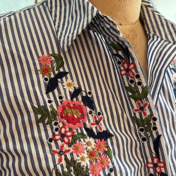 Pretty Floral Embroidered Oxford Stripe Button Down Shirt - Picture 3 of 7